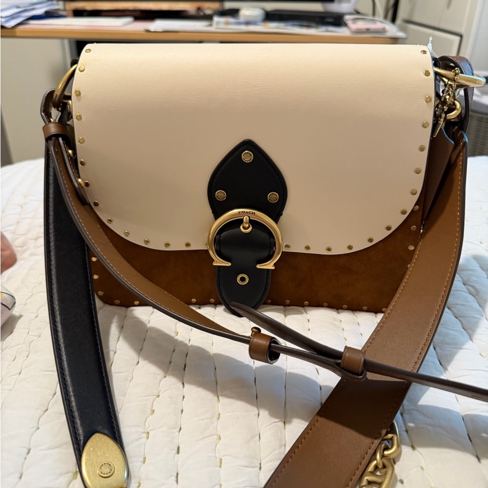 Coach Cream and Brown Crossbody Bag with Gold Accents
